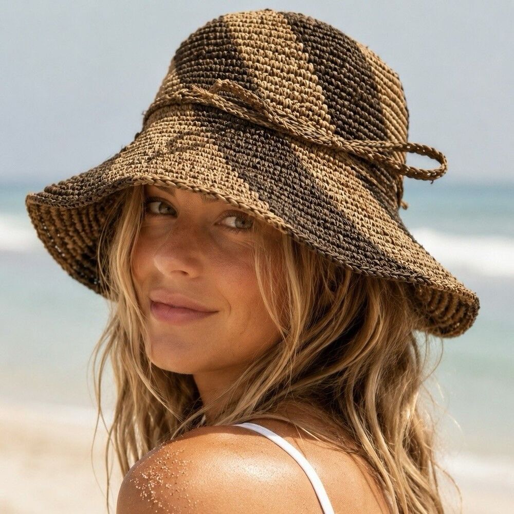 WYETH Brown Tan Swirl Woven Straw Bucket Sun Hat Rope Trim Boho Beach OS